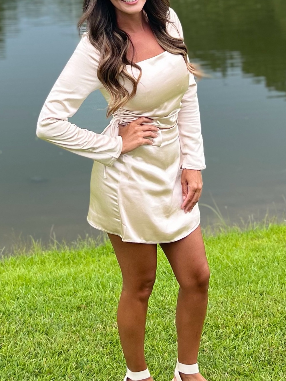 Women's Cream Satin Skirt and Top Set